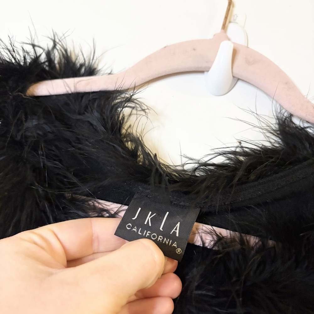 Vintage 90s JKLA California Sparkly Black Feather Trimmed‎ Long Sleeve Womens M - Picture 4 of 5
